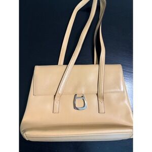 Hexagona Paris Beige Leather Shoulder Bag Stirrup Buckle Flap Satchel Purse